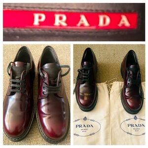 PRADA NWOT Womens Patent Leather Burgundy Lace Up Loafers